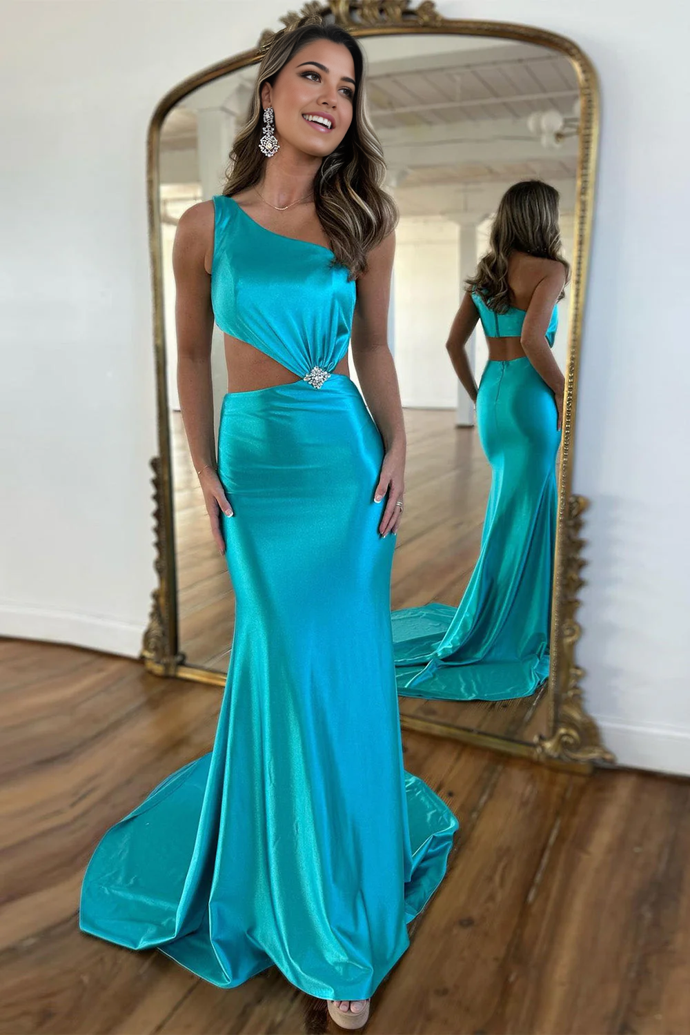 Mermaid One Shoulder Cutout Waist Lake Blue Satin Prom Dress With Beading